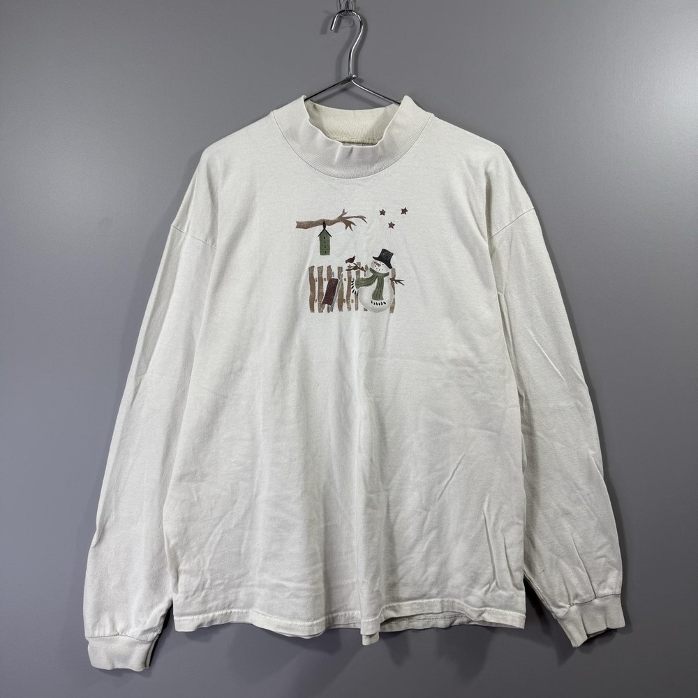 Vintage 90s Cotton Deluxe Shirt Mens XL White Snowman Winter Graphic Mock Neck